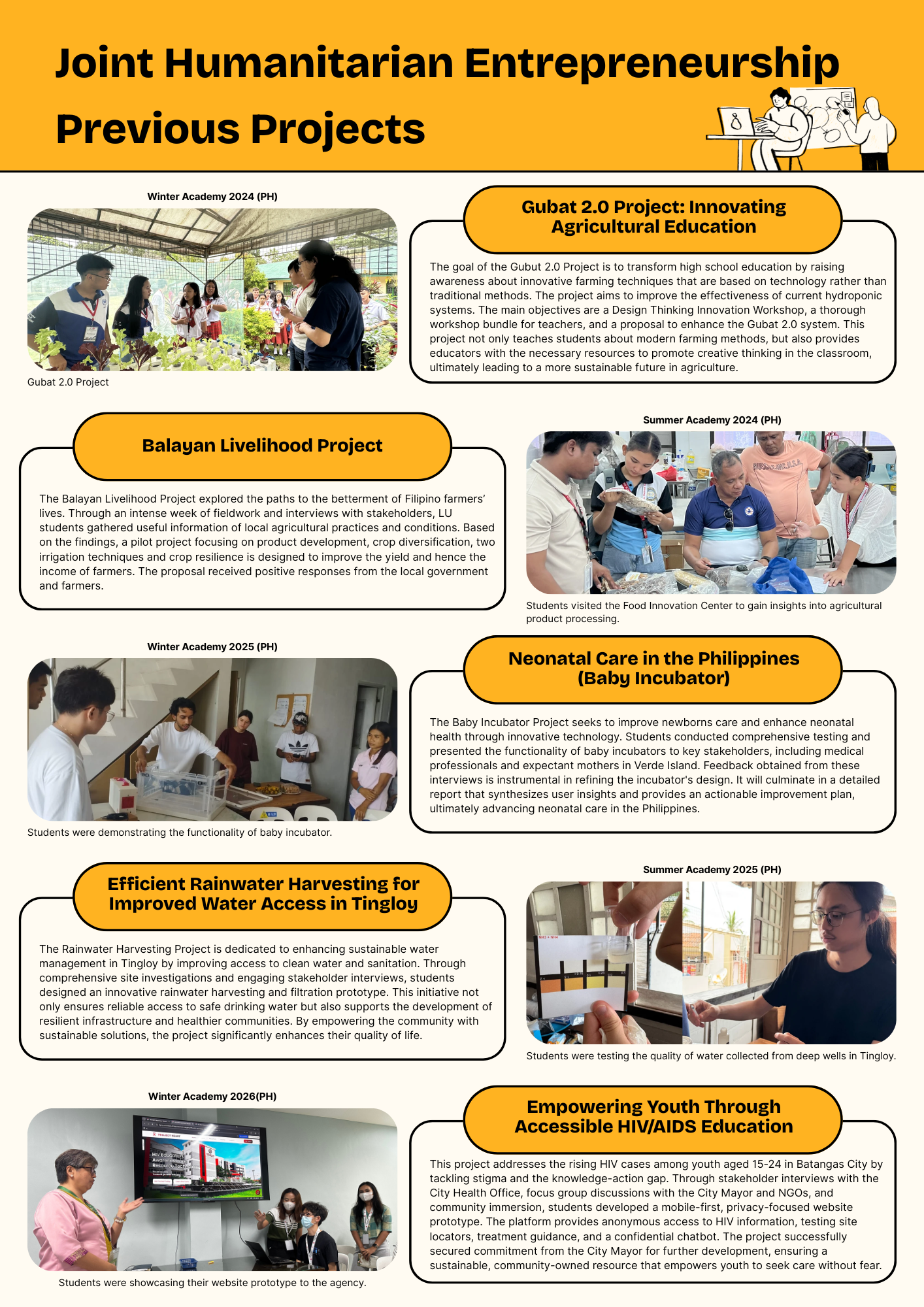 Poster on sharing previous Joint Humanitarian Entrepreneurship projects.